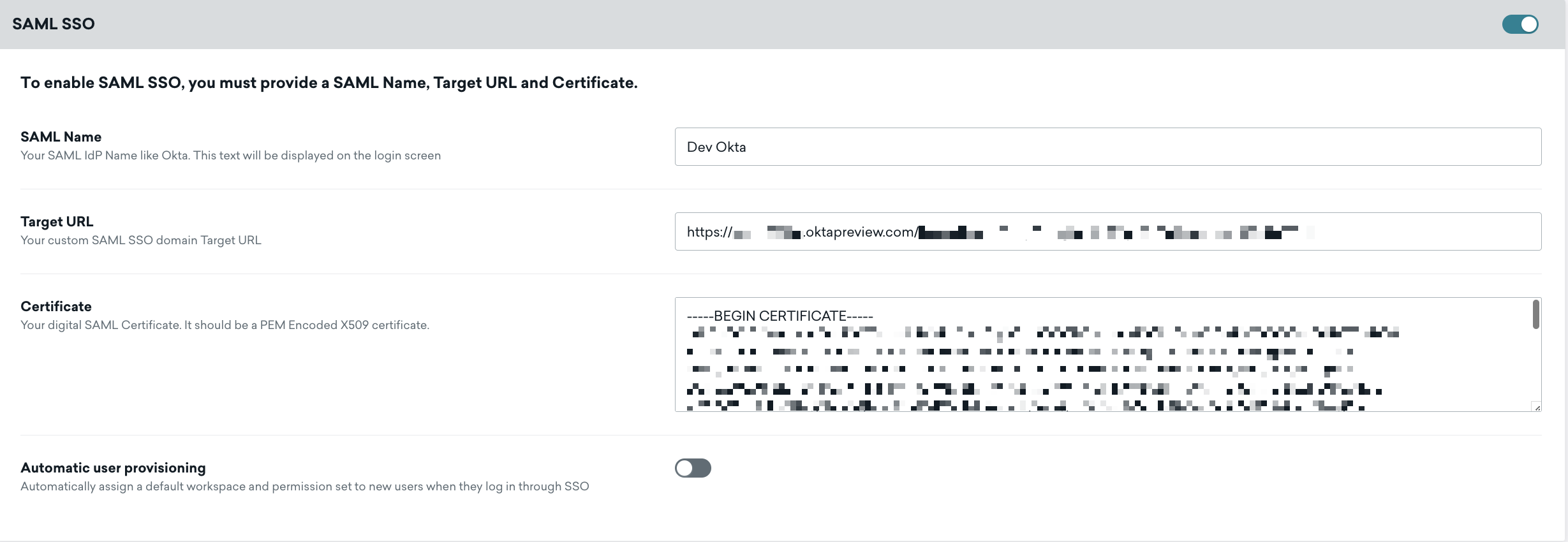 Authentification unique (SSO) SAML Okta activée sur la page Paramètres de sécurité.