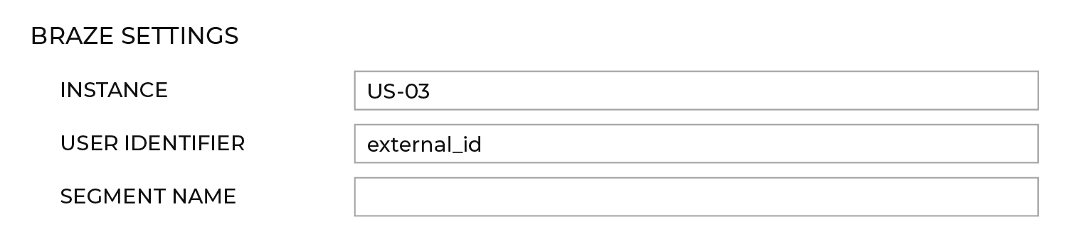 La section Paramètres de Braze avec une instance "US-03", un identifiant utilisateur "external_id", un nom de segment vide, un compartiment S3 "amperity-training-abc123" et un dossier S3 "braze-attributes".