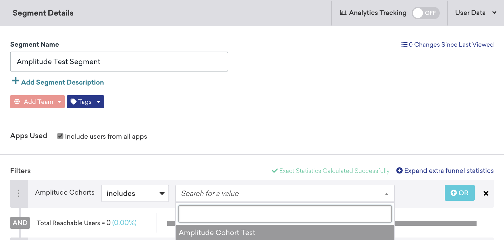 Dans le générateur de segments Braze, le filtre « amplitude_cohorts » est défini sur « includes_value » et « Amplitude cohort test ». 