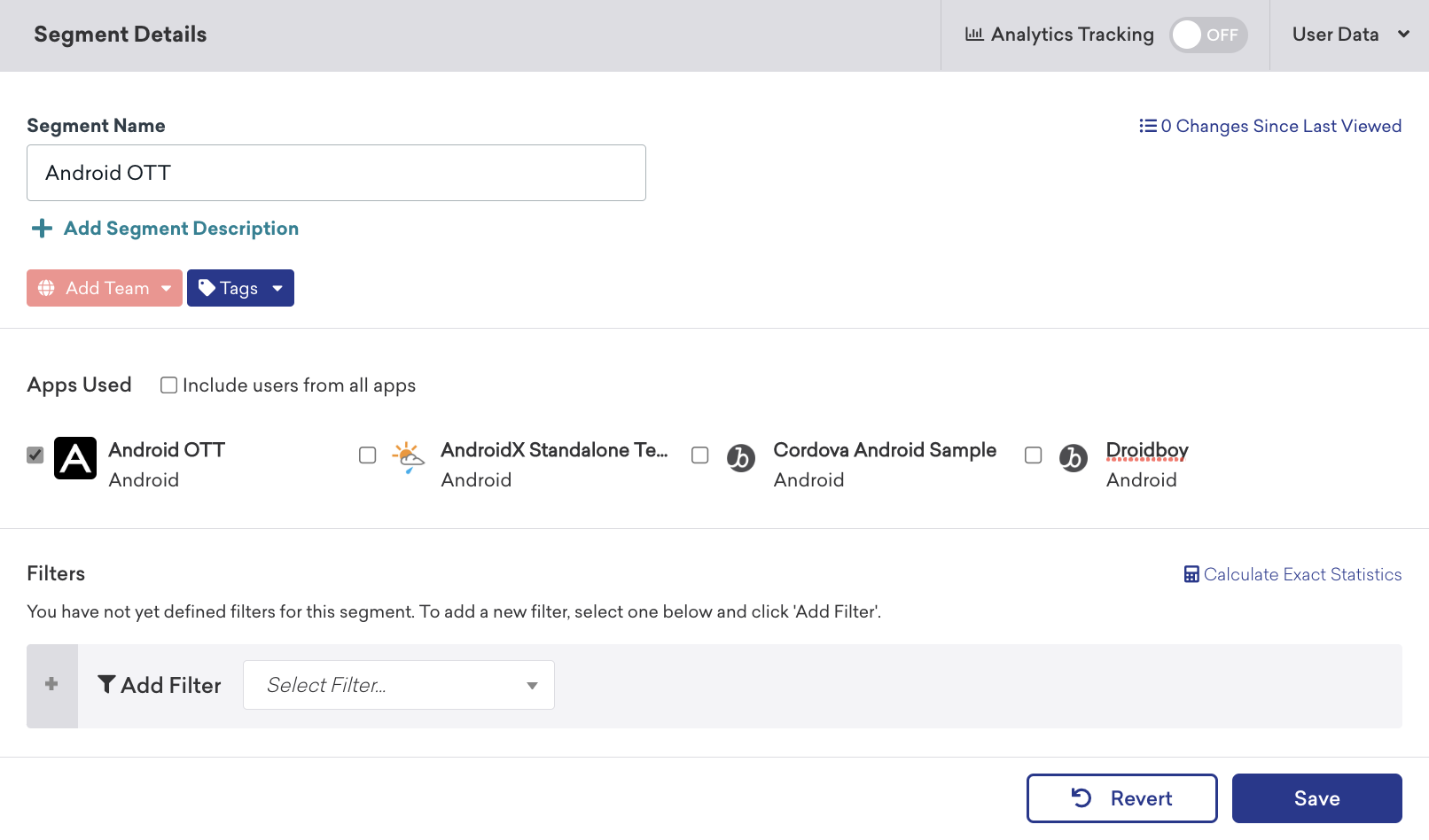 Un segment créé à l'aide de l'application OTT Android.