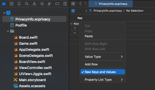Un projet Xcode avec le menu contextuel ouvert et l’option « Clés et valeurs brutes » en surbrillance.