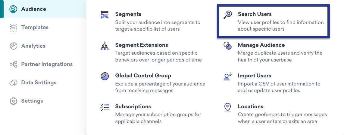 Vignette « Recherche d'utilisateurs » mise en évidence dans le menu de navigation.