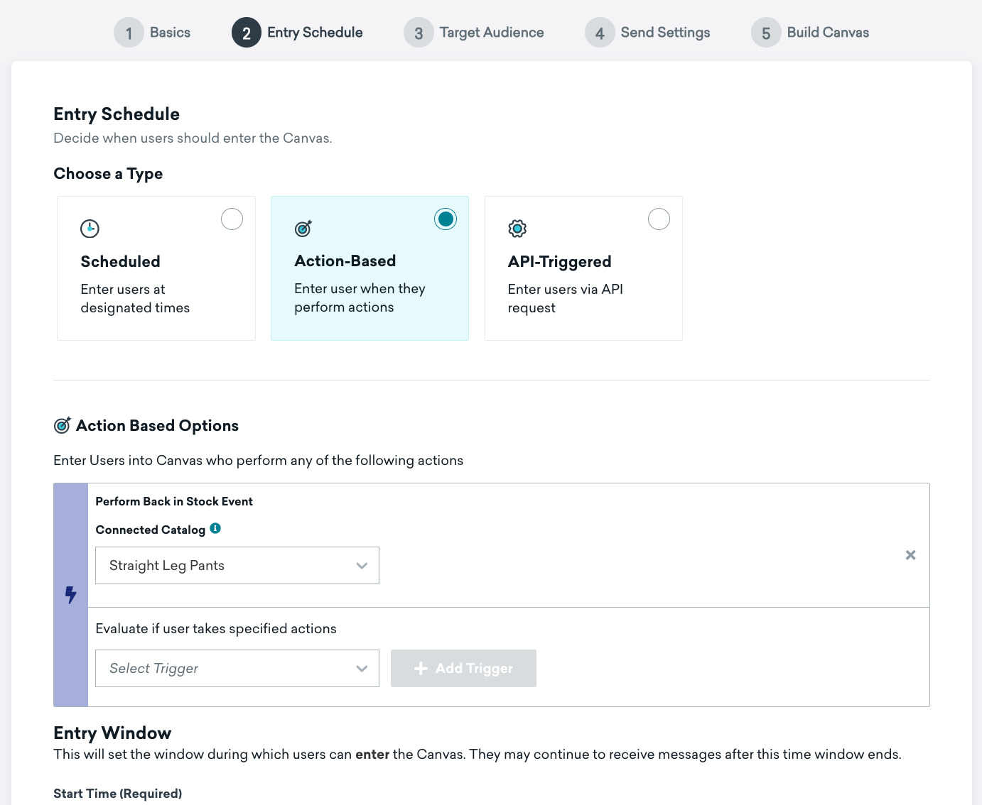 Étape "Entry Schedulde" pour un Canvas basé sur l'action.