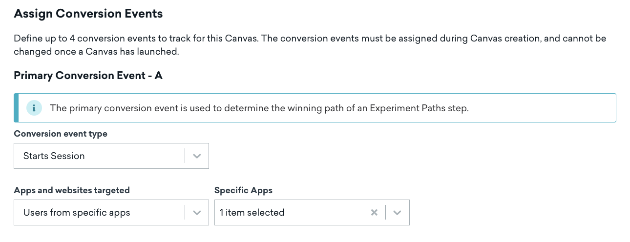 " Attribuer des événements de conversion " avec un événement de conversion principal d'un utilisateur qui démarre une session dans une appli spécifique.