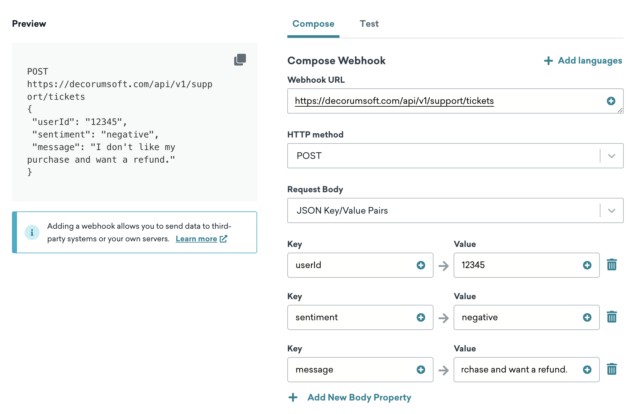 Un webhook qui crée des cas de support pour les clients qui ont un sentiment négatif et qui veulent un remboursement pour leur achat de Proxy War 3.