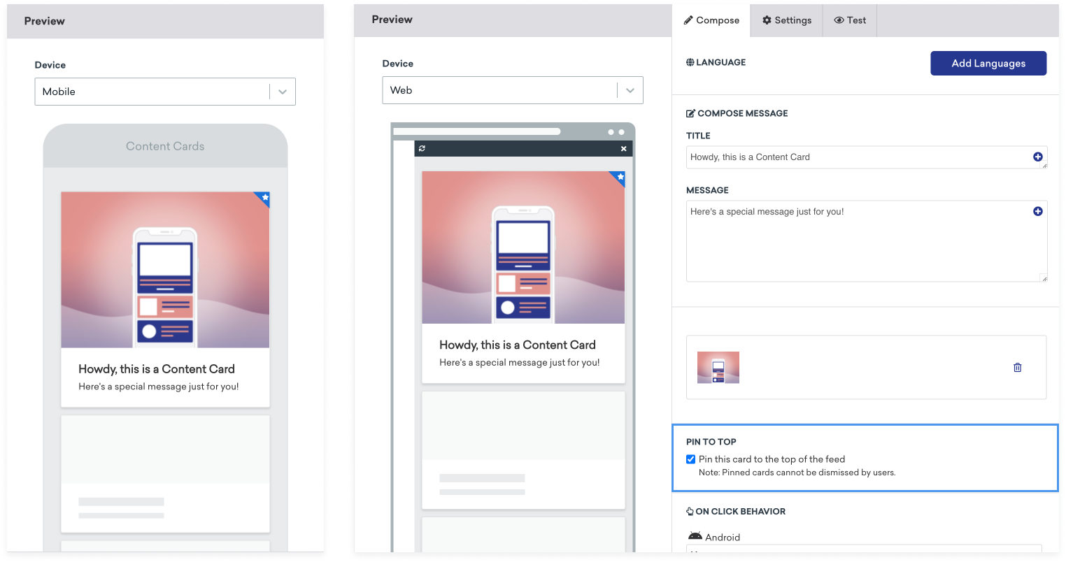 Aperçu côte à côte de la carte de contenu dans Braze pour mobile et Web avec l'option "Épingler cette carte en haut du flux" sélectionnée.
