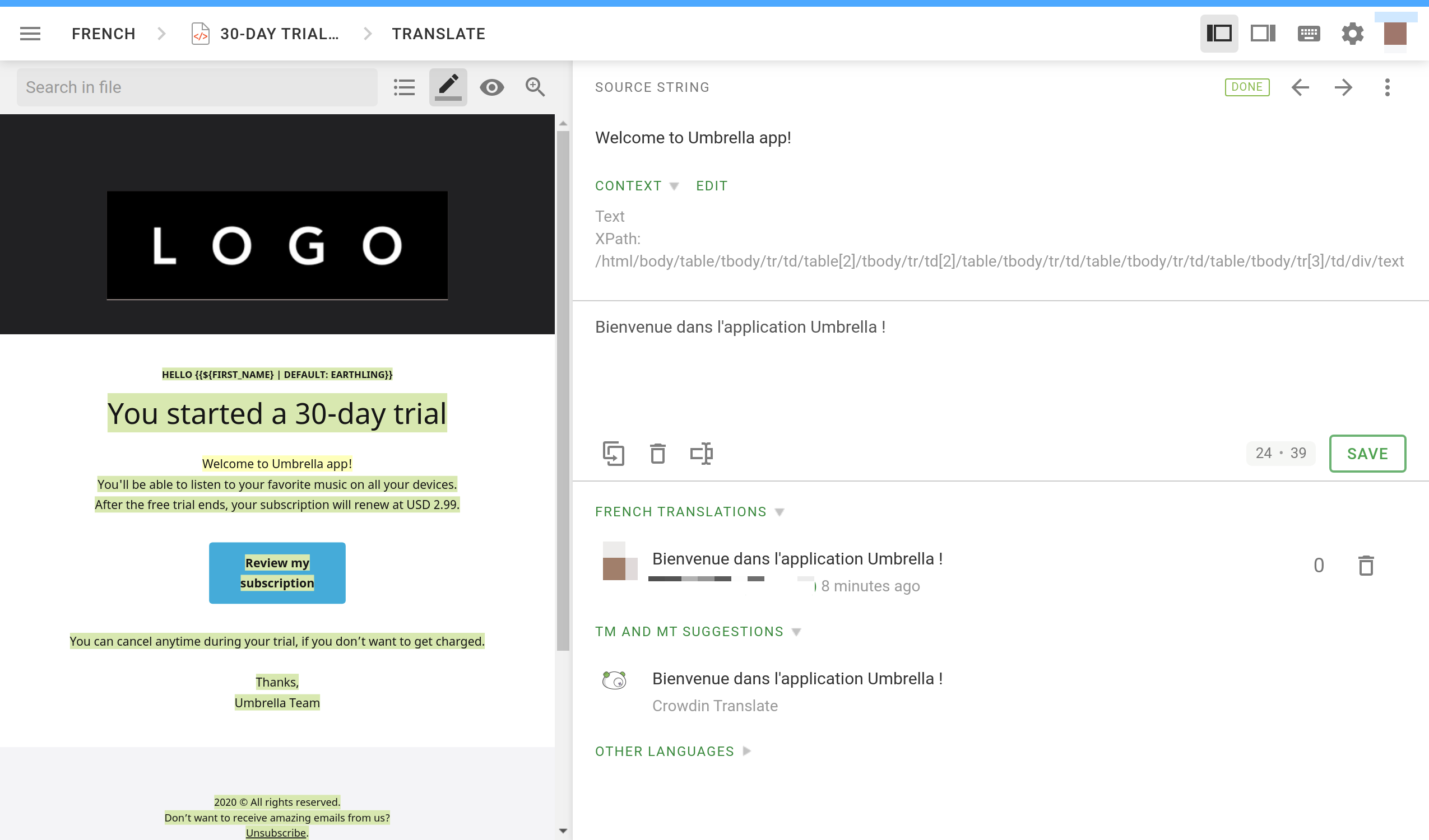 Une image de ce à quoi ressemble le compositeur d'e-mail Crowdin Editor avec quelques traductions de base ajoutées.