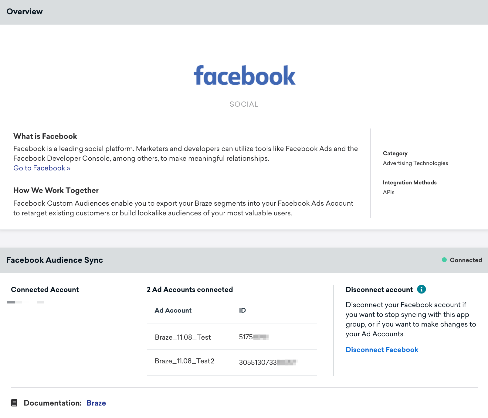 Une version mise à jour de la page des partenaires technologiques de Facebook montrant les comptes publicitaires connectés avec succès.