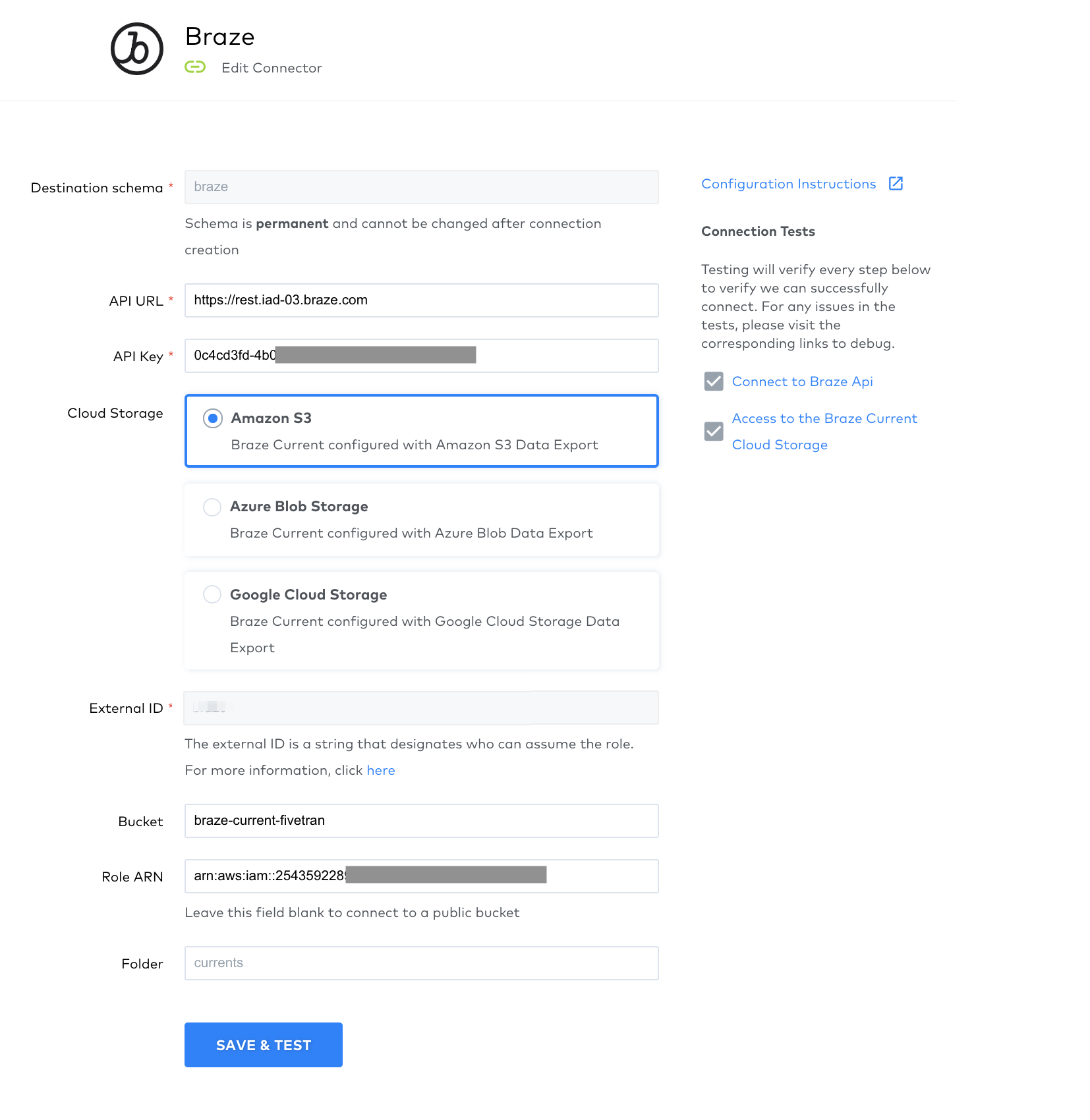 Le Fivetran a configuré un formulaire de connecteur Braze. Le champ de l'ID externe nécessaire à cette étape est situé au milieu de la page dans un cadre gris clair.