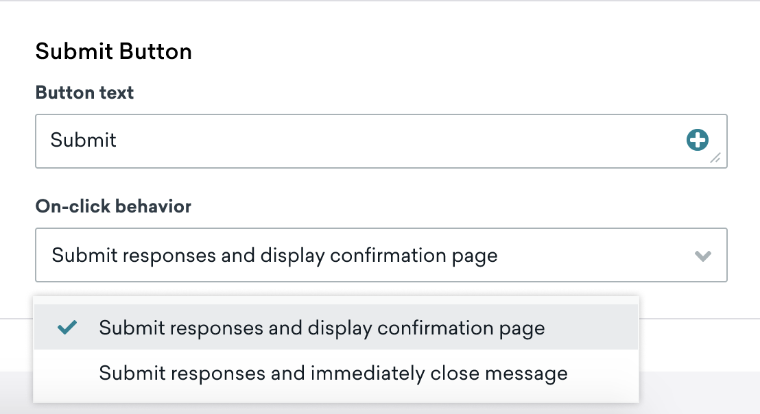 Comportement en cas de clic défini sur « Envoyer les réponses et afficher la page de confirmation ».