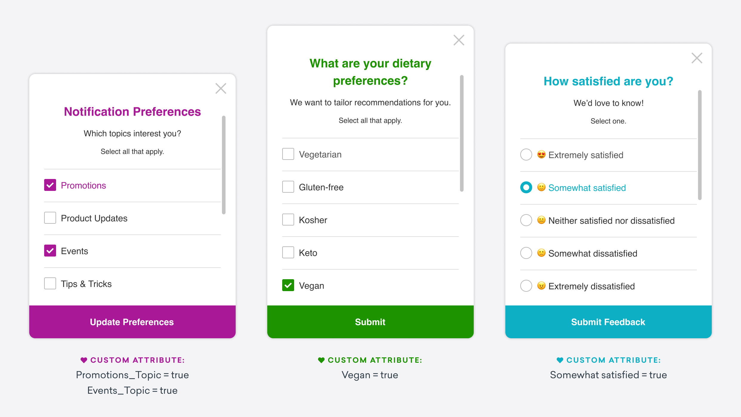 Trois messages d’enquête simple : préférences de notification, préférences alimentaires et enquête de satisfaction client. Les options sélectionnées dans les enquêtes correspondent aux attributs personnalisés qui seront enregistrés pour cet utilisateur.