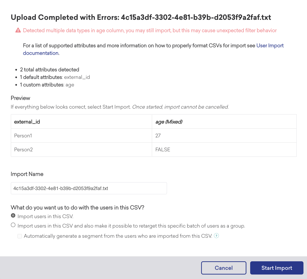 Chargement CSV terminé avec des erreurs de types de données mixtes dans une colonne