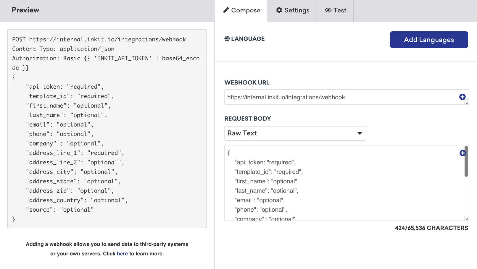 Code du corps de la requête et URL du webhook affichés dans l'onglet de composition du générateur de webhooks Braze.