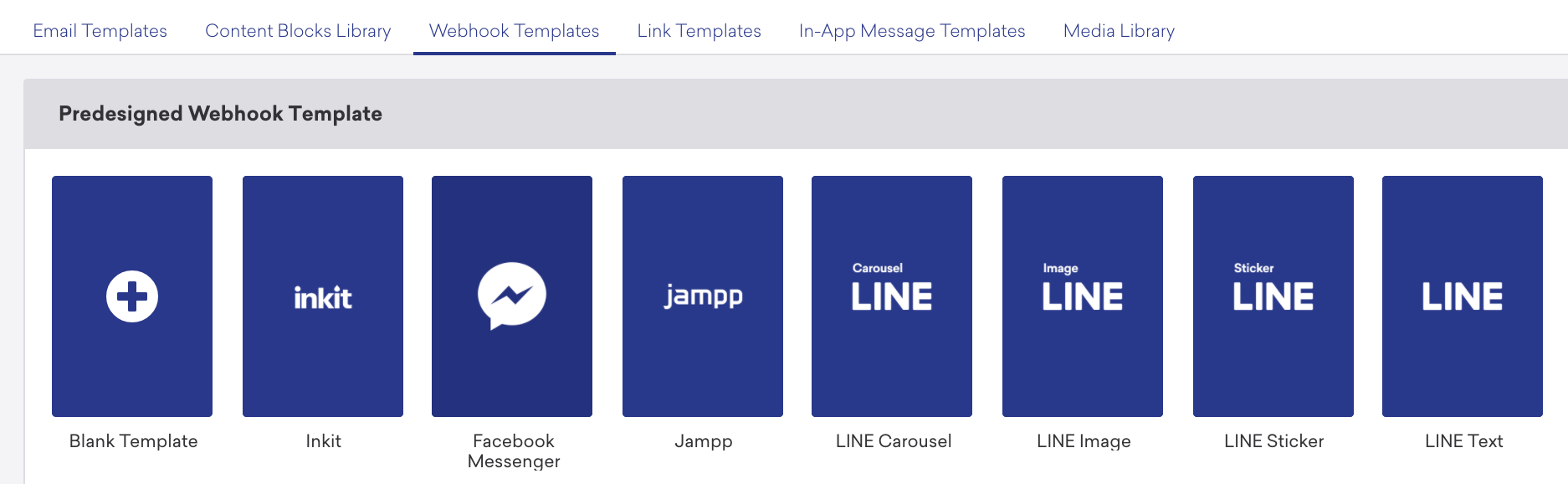 Une sélection de modèles de webhook préconçus disponibles dans l'onglet Modèles de webhook de la section Modèles et médias.