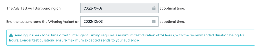 Section Test A/B de l’étape d’audiences cibles pour laquelle le test s’achève et envoie la variante gagnante deux jours après le début du test d’origine.