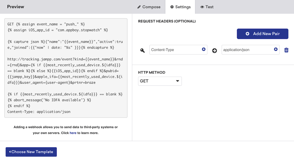 Les en-têtes de la requête, la méthode HTTP et l'envoi du message sont affichés dans le générateur de webhooks Braze.