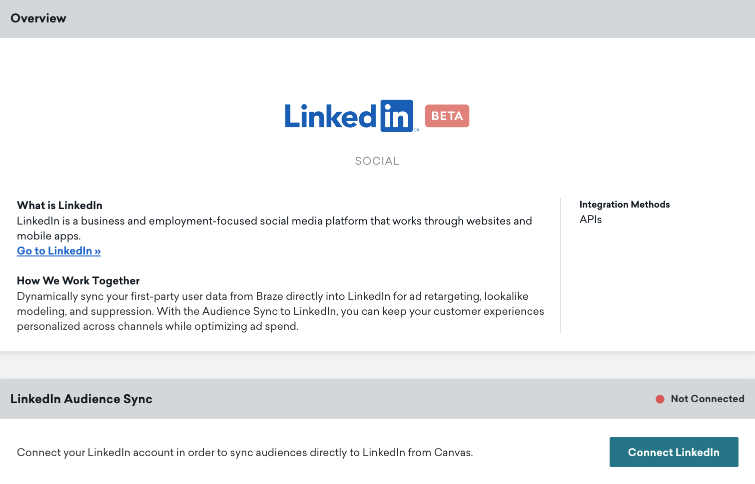 La page technologique LinkedIn dans Braze comprend une section Aperçu et une section LinkedIn Audience Sync avec le bouton LinkedIn connecté.