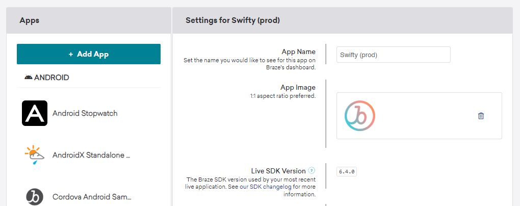 Une application nommée Swifty dans un espace de travail. La version du SDK Live est la 6.6.0.