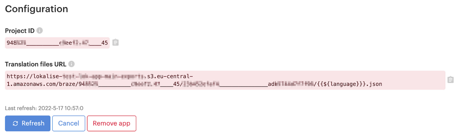 Configuration de Braze sur Lokalise indiquant l'ID du projet et l'URL des fichiers de traduction.