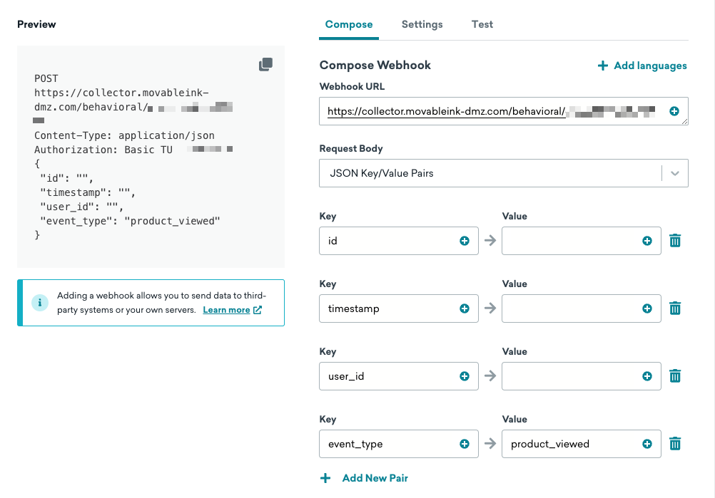 Onglet Composer du générateur de webhooks dans Braze avec des paires clé-valeur JSON pour l'ID, l'horodatage, l'ID utilisateur et le type d'événement.