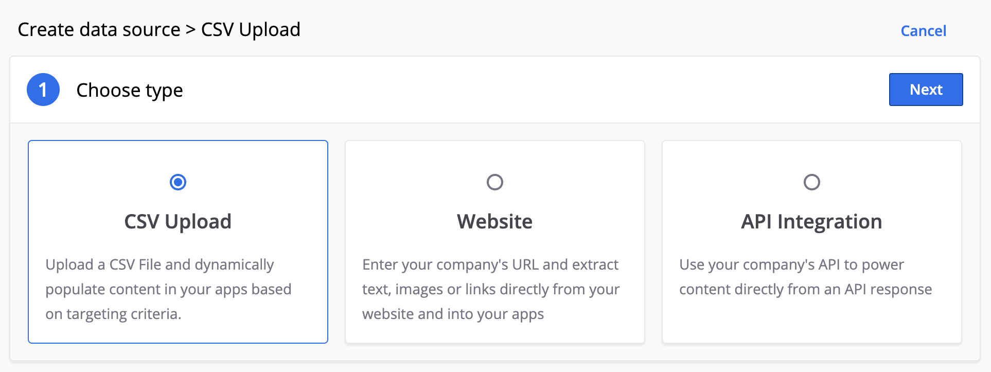 Différentes options de sources de données apparaissent : Téléchargement CSV, site web ou intégration API.