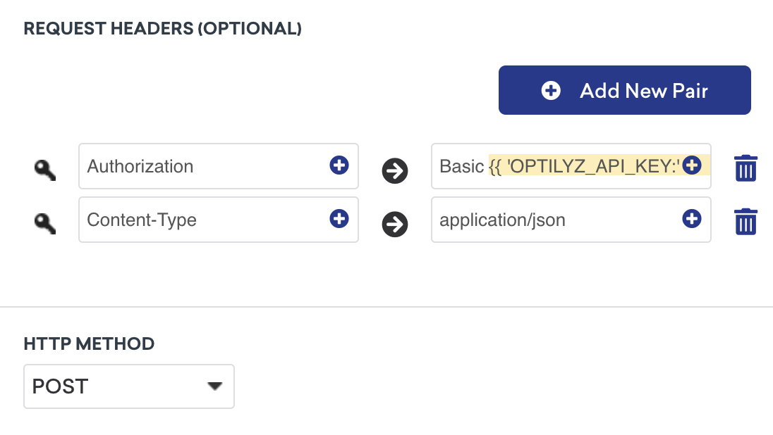 Les en-têtes de requête et la méthode HTTP affichés dans le générateur de webhook Braze.