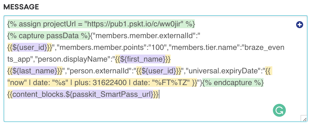 Image du compositeur de messages du bloc de contenu avec le JSON capturé et la référence du bloc de contenu affichée.