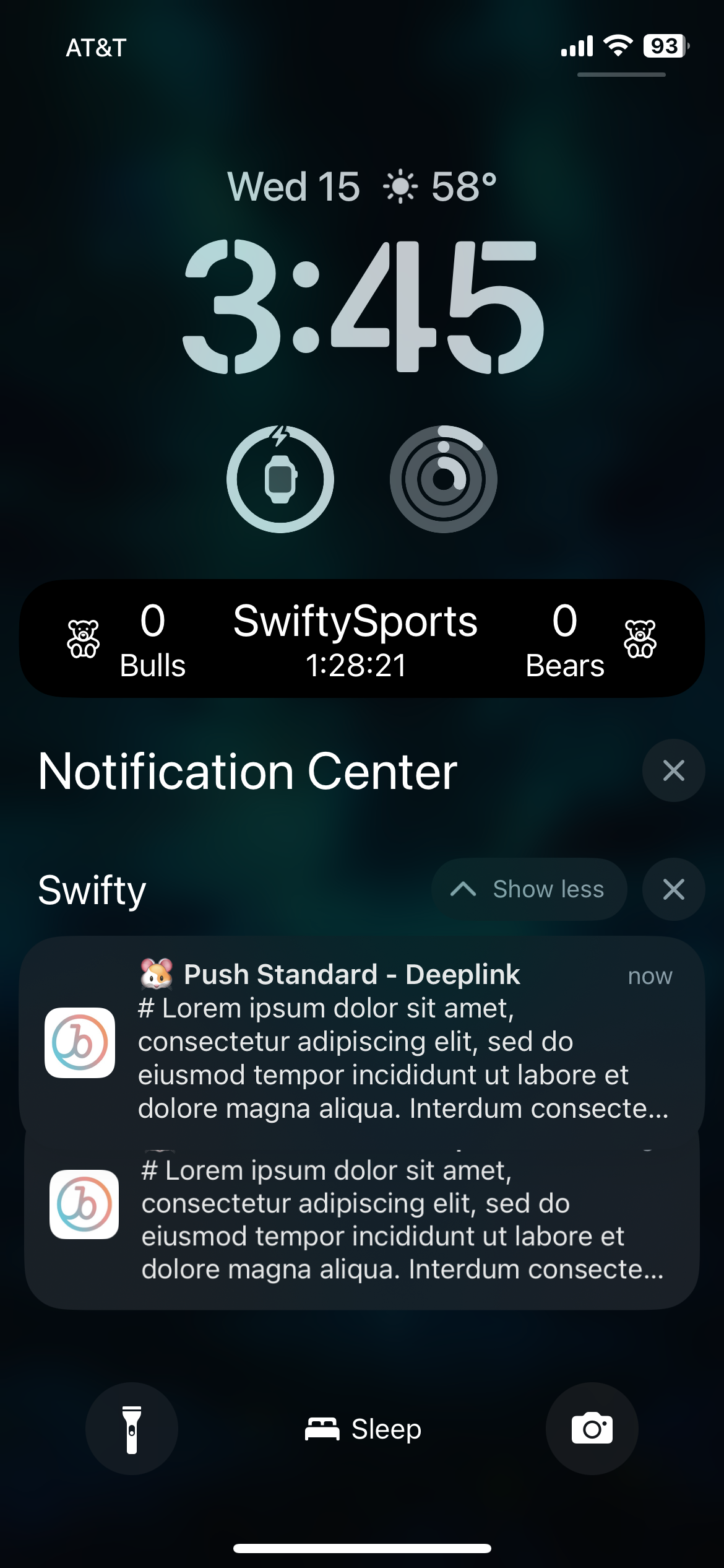 Écran de téléphone avec un match sportif Bulls contre Bears en ligne/en production/instantané vers le milieu de l'écran et un texte de notification push lorem ipsum au bas de l'écran.