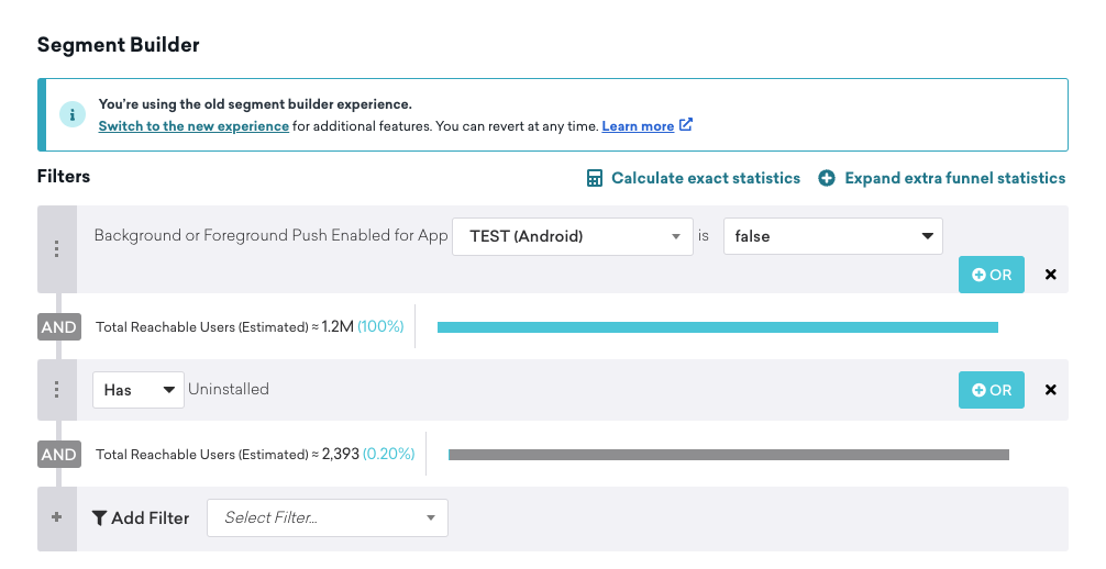 La section Segment Builder avec le filtre "Background or Foreground Push Enabled for App" pour l'application TEST (Android) est fausse, et le filtre "Has Uninstalled" sont sélectionnés pour montrer 2 393 utilisateurs joignables.