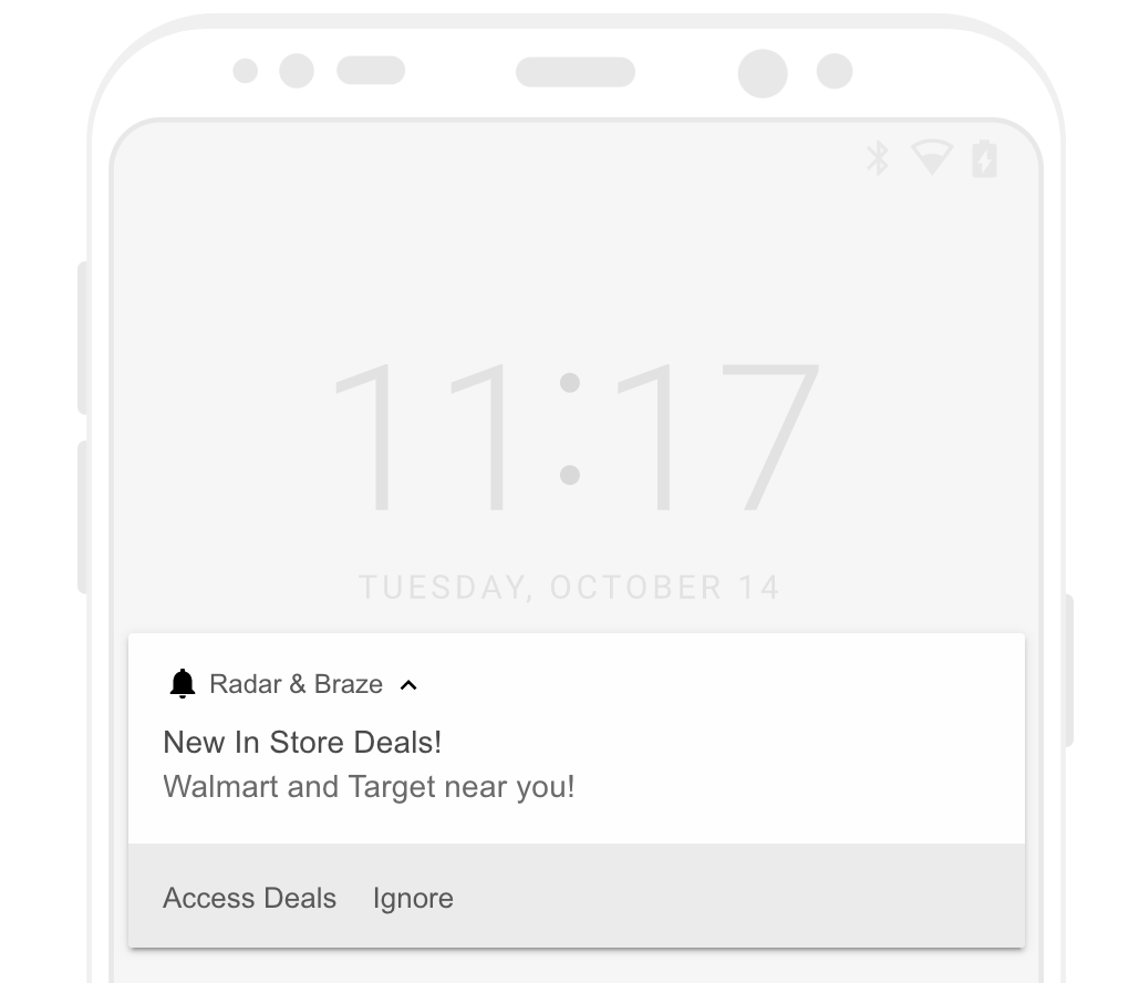 Image Android d'un message push de contenu connecté qui affiche "New In Store Deals, Walmart and target near you" (Nouvelles offres en magasin, Walmart et Target près de chez vous).