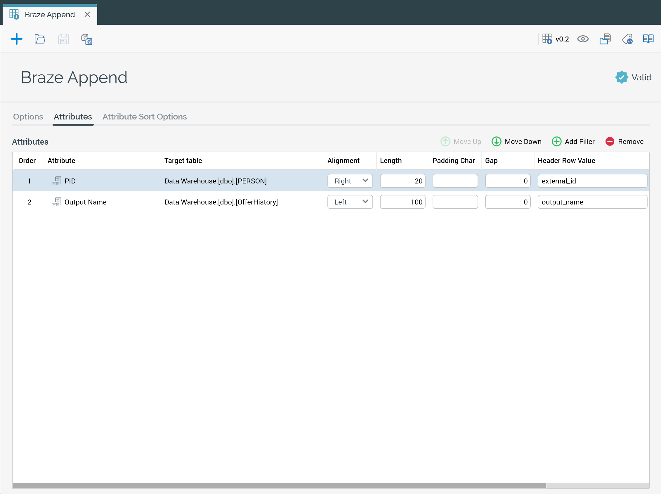 Un exemple de modèle d'export avec les attributs `external_id` et le nom de sortie.