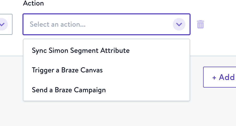 Liste déroulante affichant la liste des actions Braze disponibles dans Simon Data.