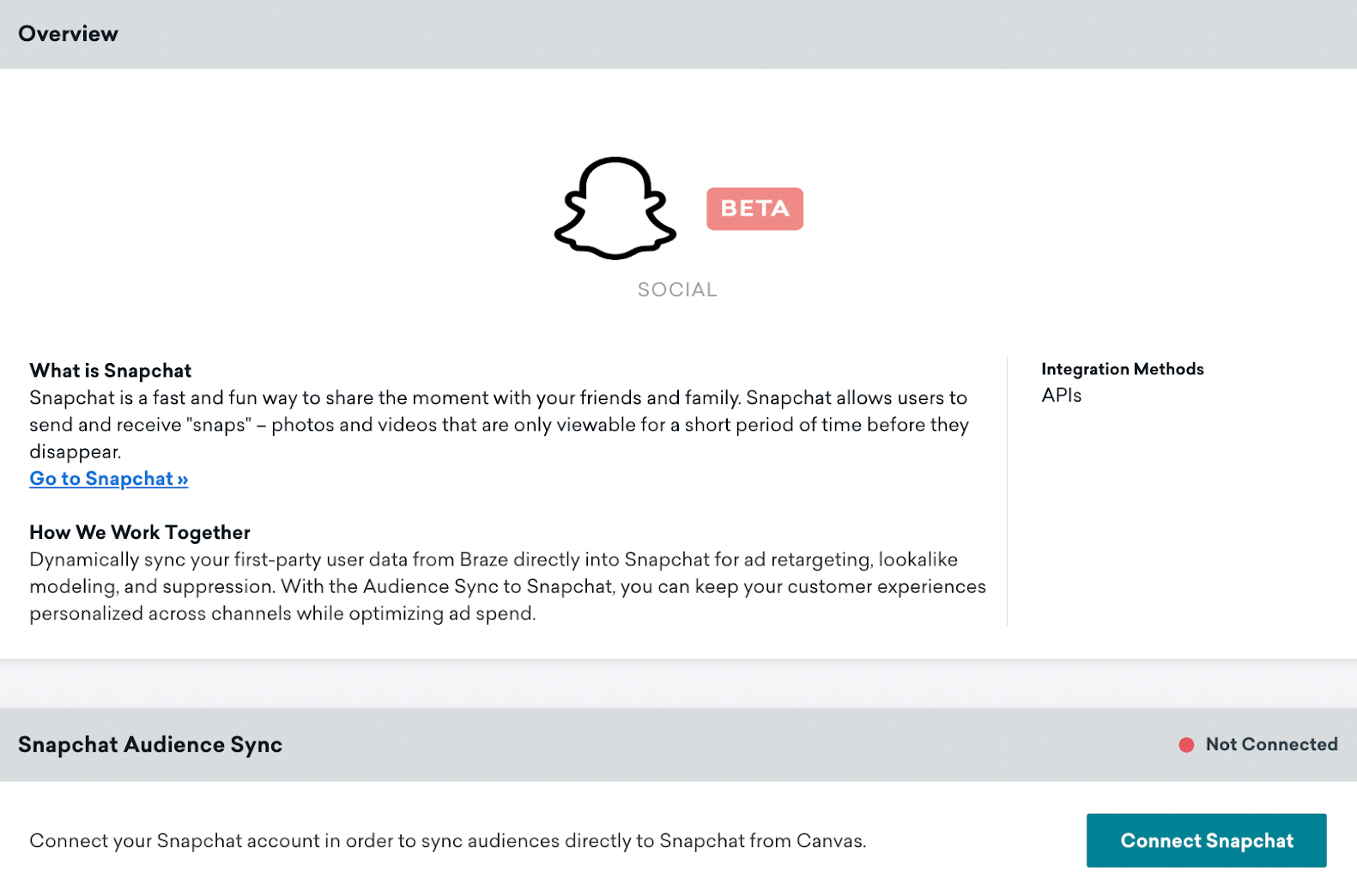 Page sur la technologie Snapchat dans Braze qui comprend une section Aperçu et une section Synchronisation de l'audience Snapchat avec le bouton Snapchat connecté.