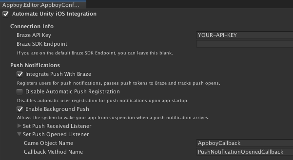 L’éditeur Unity affiche les options de configuration Braze. Dans cet éditeur, l'option "Set Push Received Listener" est développée, et le "Game Object Name" (AppBoyCallback) et le "Callback Method Name" (PushNotificationOpenedCallback) sont fournis.