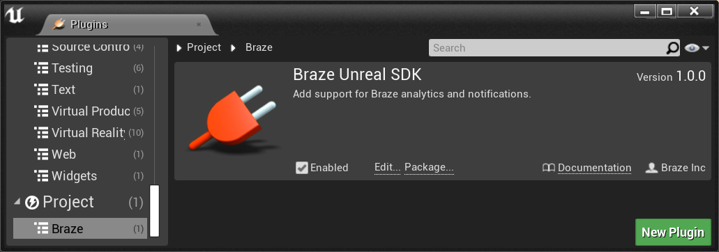 Le plugin Braze Unreal SDK vu dans l'interface utilisateur d'Unreal Engine.