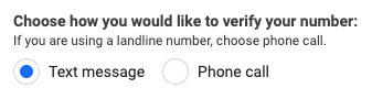 Section avec les options pour vérifier votre numéro de téléphone par SMS ou par appel téléphonique.