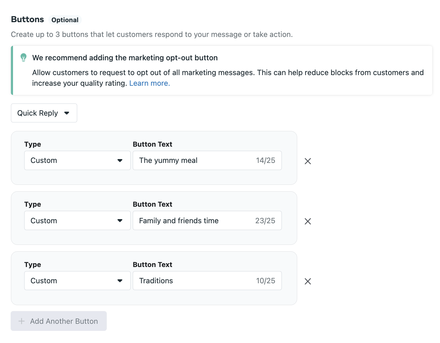 L’interface utilisateur du gestionnaire de modèles de messages WhatsApp montrant comment créer un bouton CTA, en fournissant le type de bouton (personnalisé) et le texte du bouton.