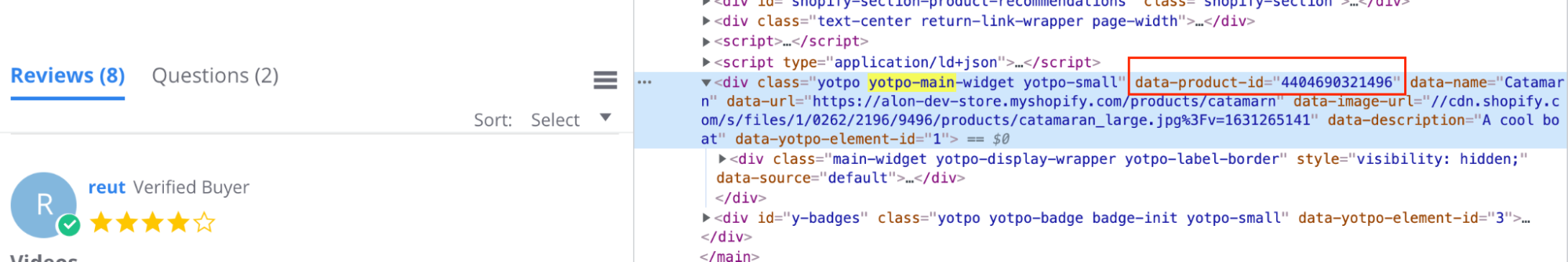 Inspectez et recherchez la valeur yotpo-main pour trouver la variable data-product ID
