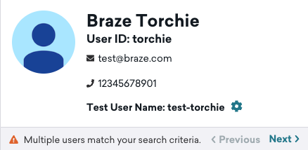 Résultats de recherche avec une bannière disant « Plusieurs utilisateurs correspondent à vos critères de recherche » et deux boutons libellés Previous (Précédent) et Next (Suivant).