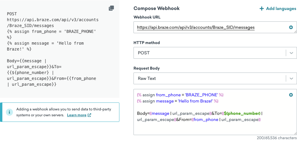 L'onglet "Composer" lors de la création d'un modèle de webhook. Les champs disponibles sont l'URL du webhook, la méthode HTTP, le corps de la requête et les en-têtes de la requête. Vous pouvez également ajouter des langues.