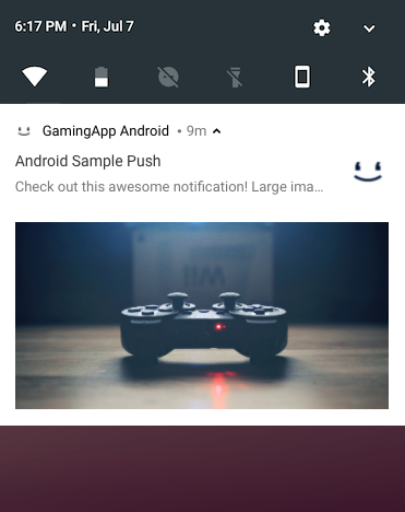 Notification push Android avec une grande image sous le texte du message.