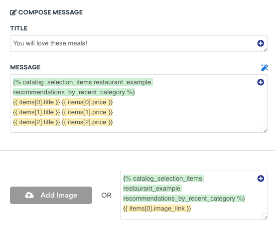 Carte de contenu avec l'en-tête « Vous allez ADORER ces repas très appréciés ! », avec la sélection « recommandations_par_catégorie_récente » dans la section de composition du message.