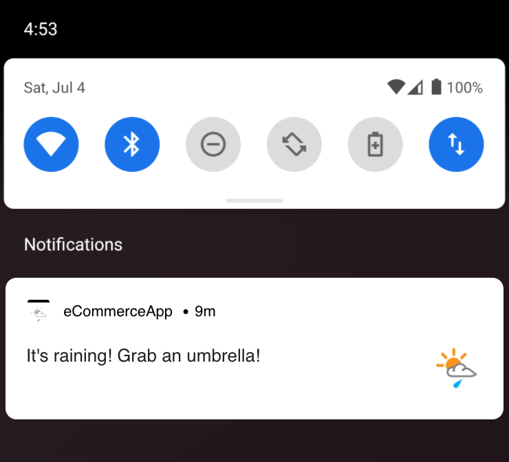 Un message push de contenu connecté qui dit « Il pleut ! Prends un parapluie ! « affiché sur un appareil Android