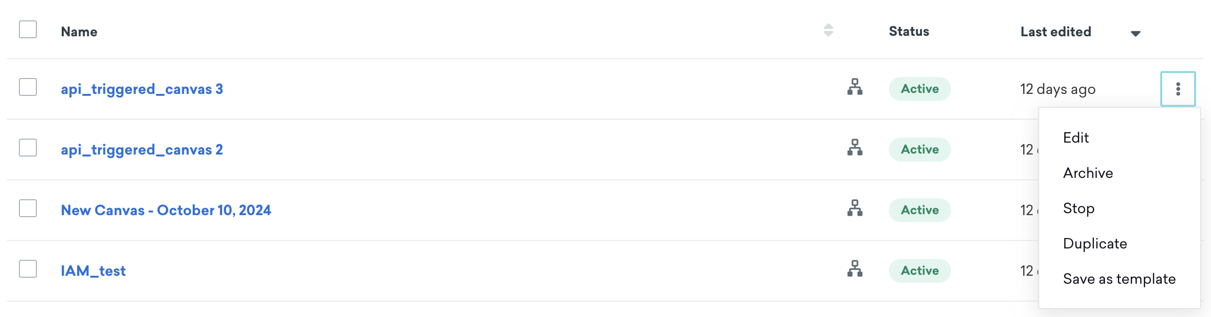 Page de liste des canvas avec l'option de dupliquer un canvas nommé "api_triggered_canvas 3".