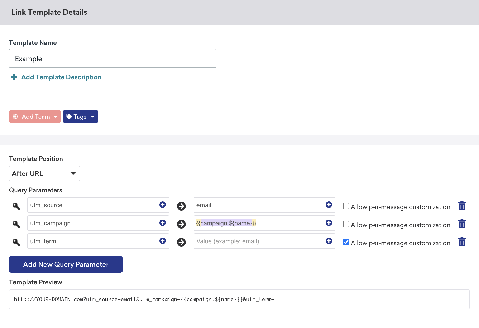 Les champs Position du modèle, Paramètres de la requête et Aperçu du modèle pour le processus d'insertion du modèle de lien après un URL.