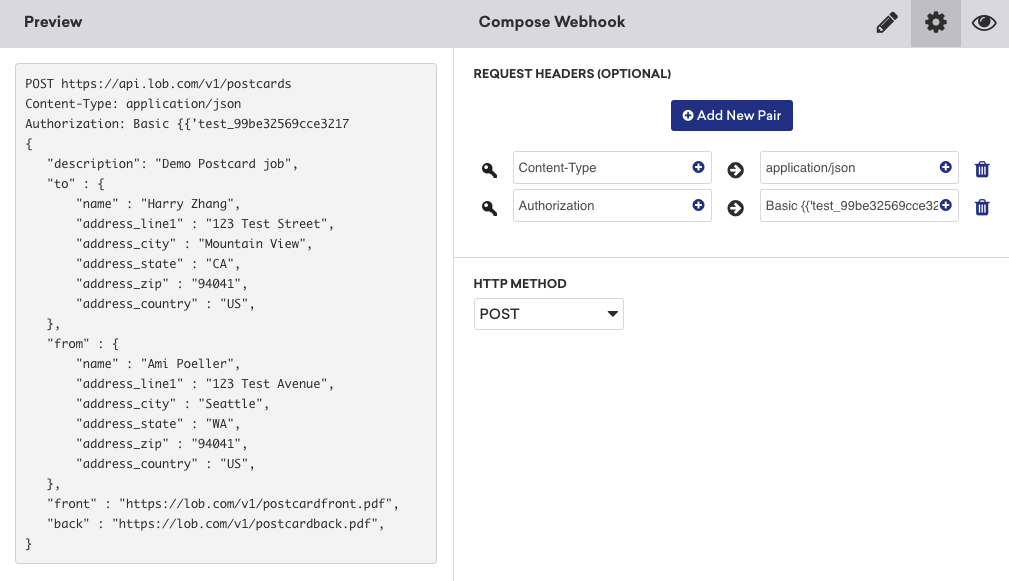 Code du corps de la requête et URL du webhook affichés dans l'onglet de composition du générateur de webhook Braze.