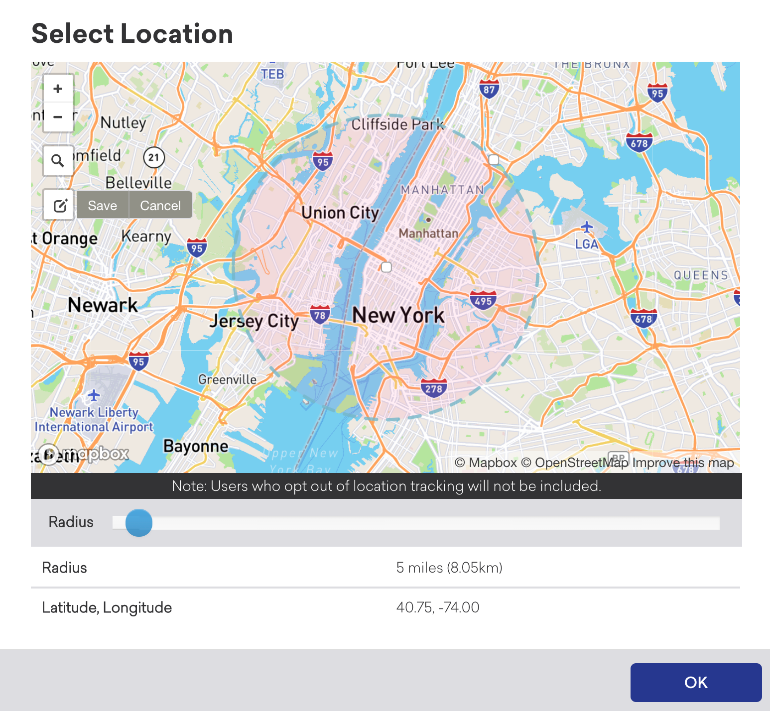 Un contour circulaire des villes situées entre le New Jersey et New York.