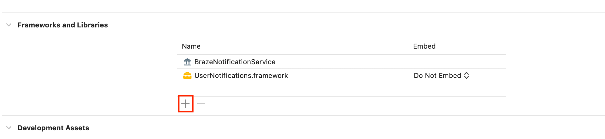 L'icône plus est située sous Infrastructures et bibliothèques dans Xcode.