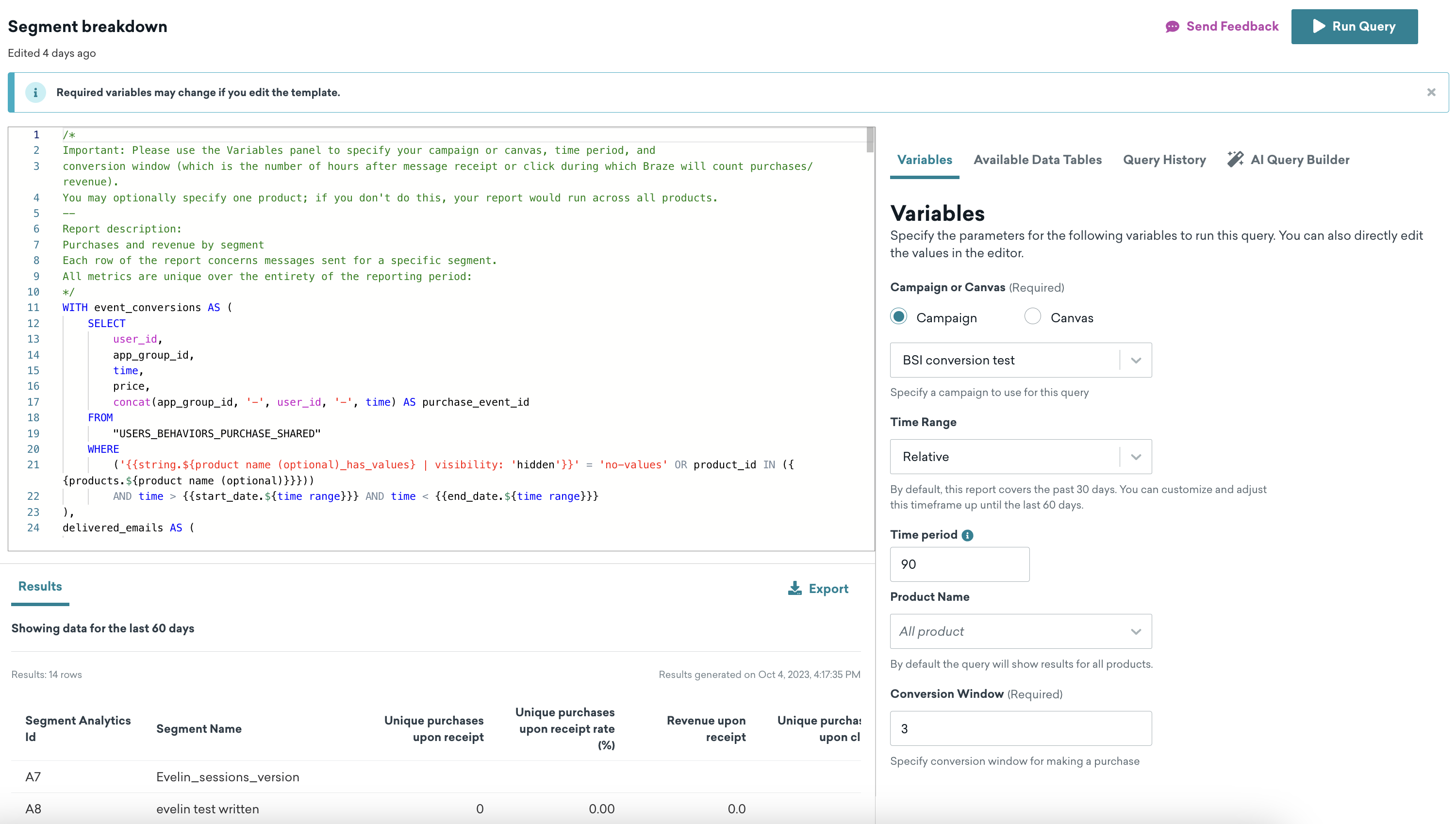 La page de répartition des segments contient un éditeur SQL, un panneau latéral avec des onglets pour les variables, les tables de données disponibles, l'historique des requêtes et le générateur de requêtes basé sur l’IA, ainsi qu'une section de résultats.