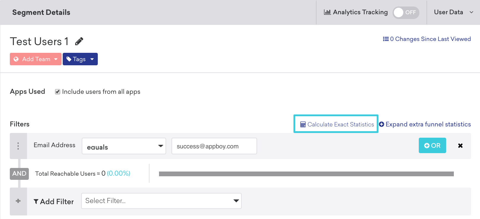 Panneau Segment Details (Détails du segment) affichant l’option Calculate Exact Statistics (Calculer les statistiques exactes)